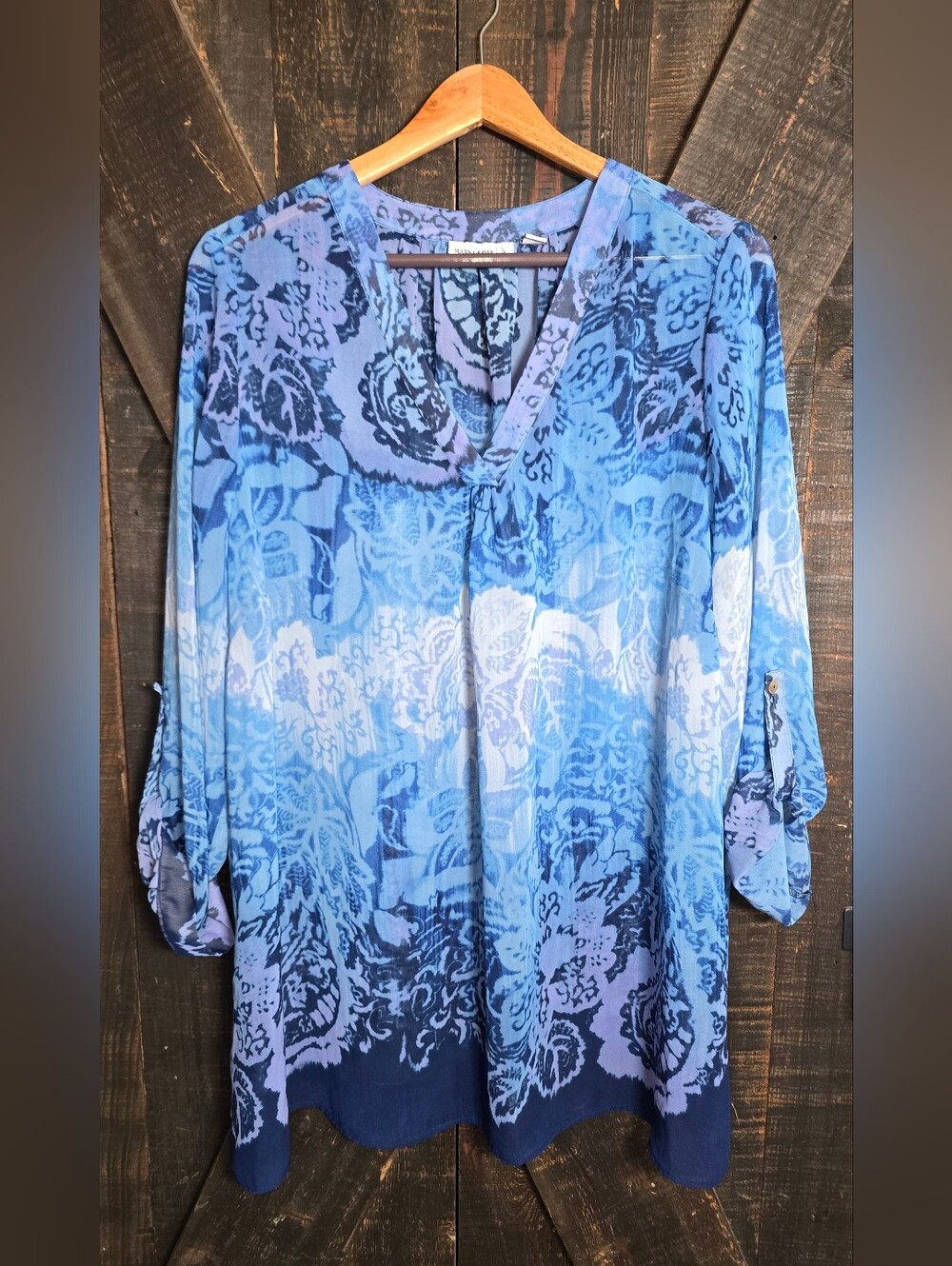 Susan Graver Blue Ombre Floral Sheer V-Neck Tunic 2X